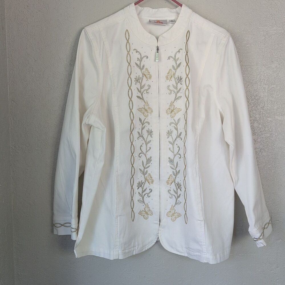 Embroidered Bead Denim Jacket XL White Gold Silver Butterfly Whimsy Boho Fairy